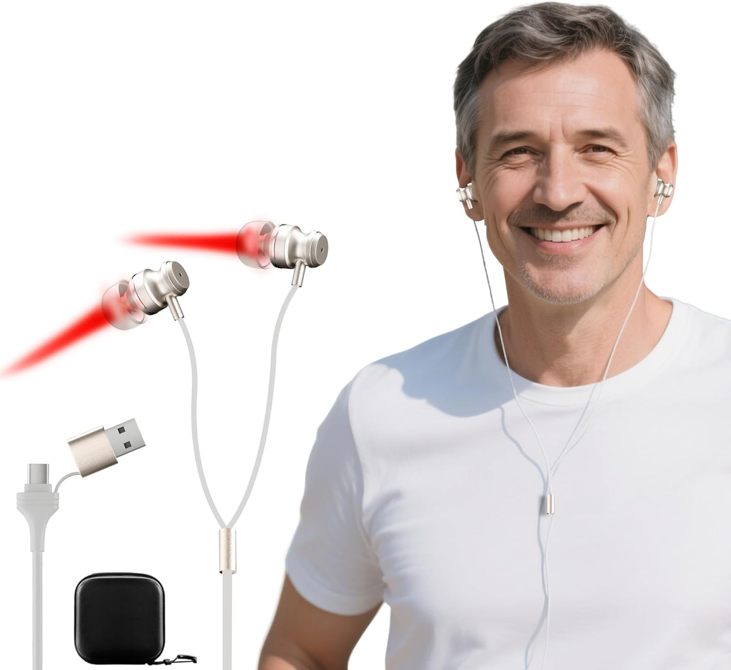 Red Light Therapy Device for Ears Tinnitus Relief, 650NM Red Light Ear Therapy Device for Ear Ringing Pressure Relief,USB & Type C,Ear Canal Health Personal Daily Home Care Device (Silvery)