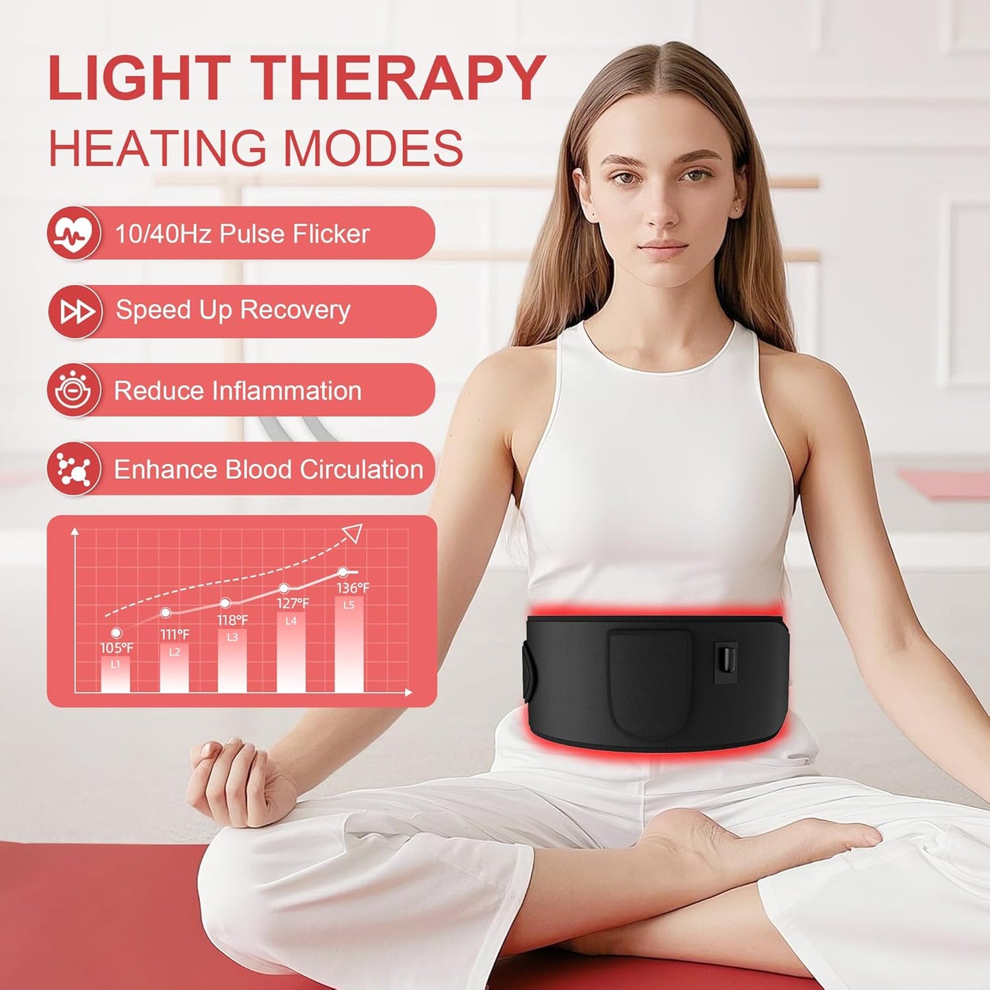 Red Light Therapy for Body:5 Light Levels Infrared Light Heat Therapy Belt Wrap for Back/Waist/Muscle/Pain Relief 660nm & 850nm Led Beads Red Light Therapy Device with Timer