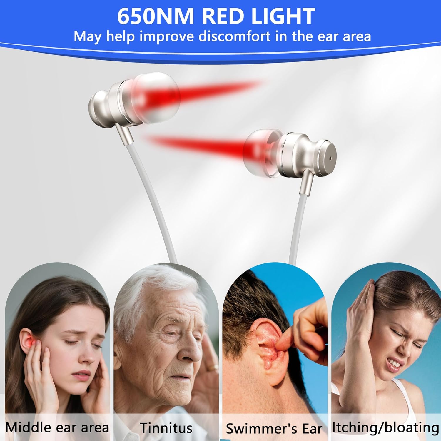 Red Light Therapy Device for Ears Tinnitus Relief, 650NM Red Light Ear Therapy Device for Ear Ringing Pressure Relief,USB & Type C,Ear Canal Health Personal Daily Home Care Device (Silvery)